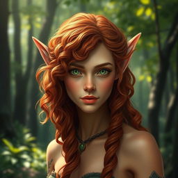 A detailed portrait of a wood elf with copper-hued skin, bright green eyes, and long curly red hair