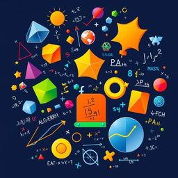 A vibrant and engaging illustration depicting various mathematical concepts such as geometry, algebra, and calculus