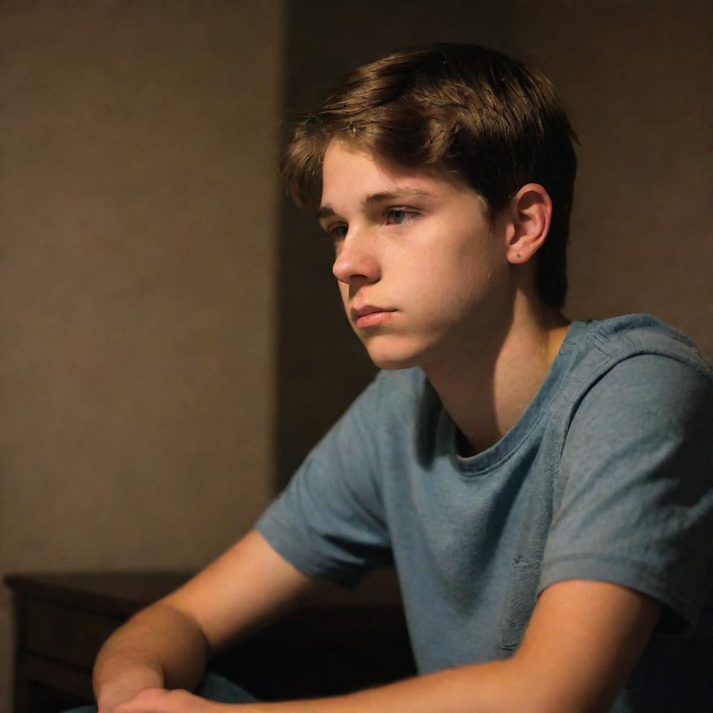 A teenage boy, immersed in his thoughts, sitting in a softly lit room, late at night, showcasing a contemplative expression.