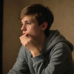 A teenage boy, immersed in his thoughts, sitting in a softly lit room, late at night, showcasing a contemplative expression.