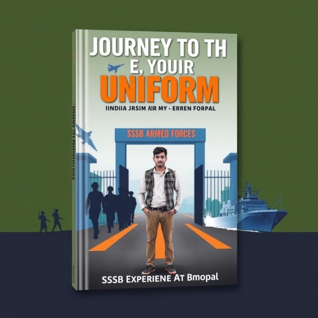 Create a dynamic and bold book cover for the title "Journey to the Uniform: My SSB Experience at Bhopal" that captures the essence of the armed forces