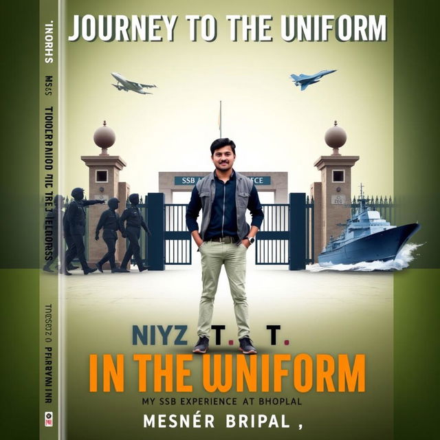 Create a dynamic and bold book cover for the title "Journey to the Uniform: My SSB Experience at Bhopal" that captures the essence of the armed forces