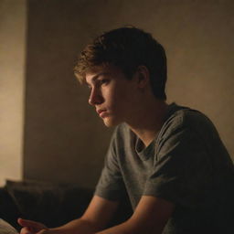 A teenage boy, immersed in his thoughts, sitting in a softly lit room, late at night, showcasing a contemplative expression.