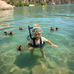 Un chico buceador manga en el fondo de un lago con ajolotes