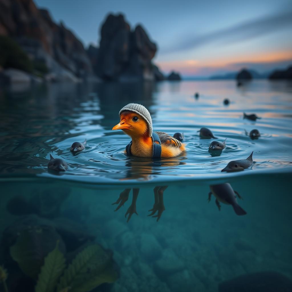 Un chico manga buceando en el fondo de un lago con ajolotes en el anochecer