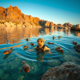 Un chico manga buceando en el fondo de un lago con ajolotes en el anochecer