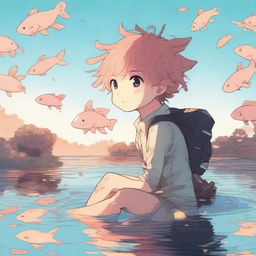 A manga boy diving at dusk with axolotls