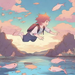 A manga boy diving at dusk with axolotls