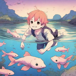 A manga boy diving at dusk with axolotls