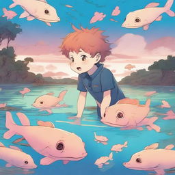 A manga boy diving at dusk with axolotls