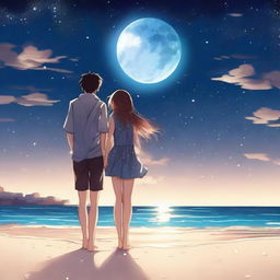 Un chico manga y una chica manga sentados en una playa bajo un cielo nocturno estrellado