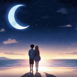 Un chico manga y una chica manga sentados en una playa bajo un cielo nocturno estrellado