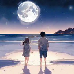 Un chico manga y una chica manga sentados en una playa bajo un cielo nocturno estrellado