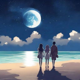 Un chico manga y una chica manga sentados en una playa bajo un cielo nocturno estrellado