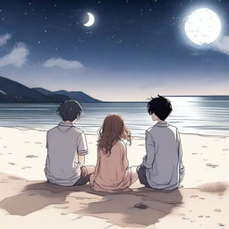 A manga boy and manga girl sitting on a beach under a night sky