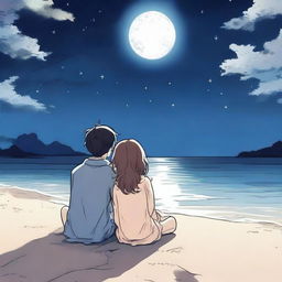 A manga boy and manga girl sitting on a beach under a night sky