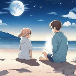 A manga boy and manga girl sitting on a beach under a night sky