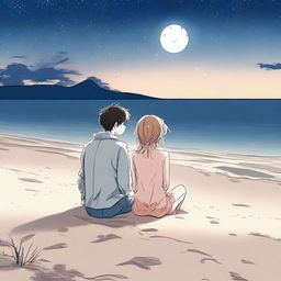 A manga boy and manga girl sitting on a beach under a night sky