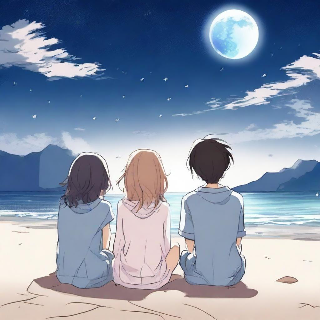 A manga boy and manga girl sitting on a beach under a night sky