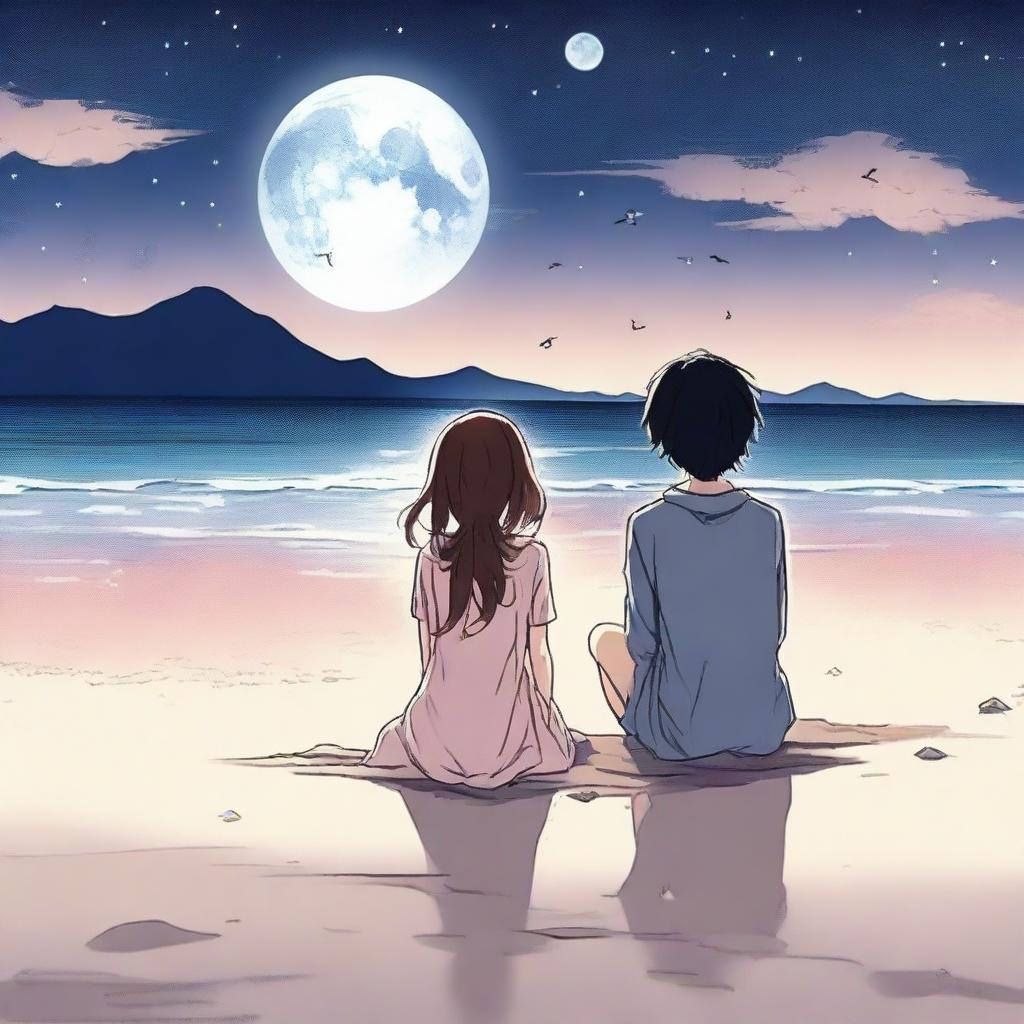 A manga boy and manga girl sitting on a beach under a night sky