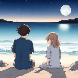 A manga boy and manga girl sitting on a beach under a night sky