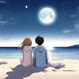 A manga boy and manga girl sitting on a beach under a night sky