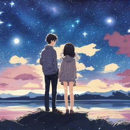 Un chico manga y una chica manga están sentados juntos en la orilla de un lago, mirando la galaxia en el cielo nocturno