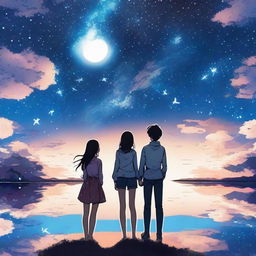 Un chico manga y una chica manga están sentados juntos en la orilla de un lago, mirando la galaxia en el cielo nocturno