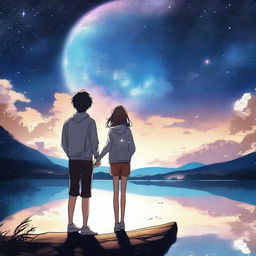 Un chico manga y una chica manga están sentados juntos en la orilla de un lago, mirando la galaxia en el cielo nocturno