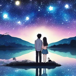 Un chico manga y una chica manga están sentados juntos en la orilla de un lago, mirando la galaxia en el cielo nocturno