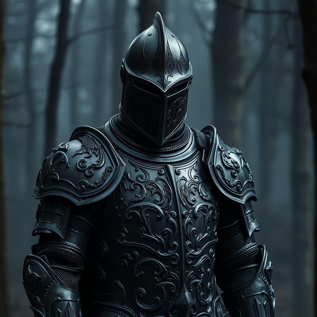 A Barovian Knight from Zarovich's household wearing a blackened full plate armor with a helmet on