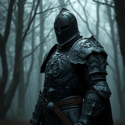 A Barovian Knight from Zarovich's household wearing a blackened full plate armor with a helmet on