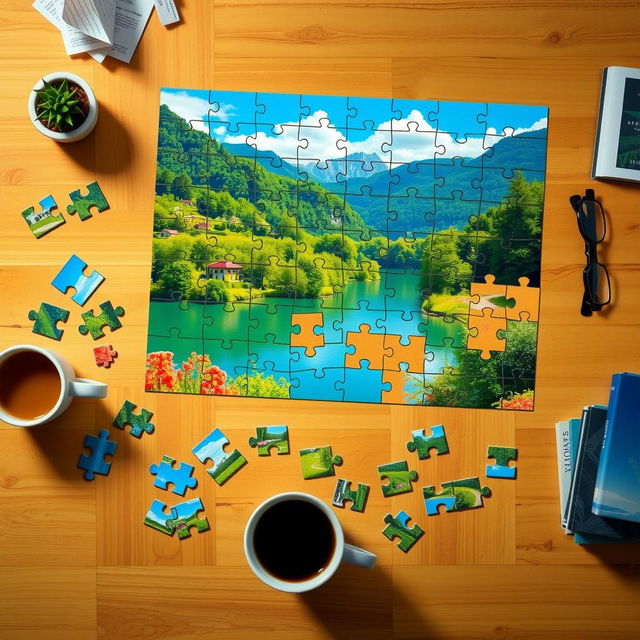 A colorful and intricate jigsaw puzzle on a wooden table, partially completed with scattered pieces