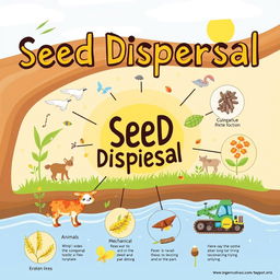 Create an educational and artistic image illustrating the concept of seed dispersal