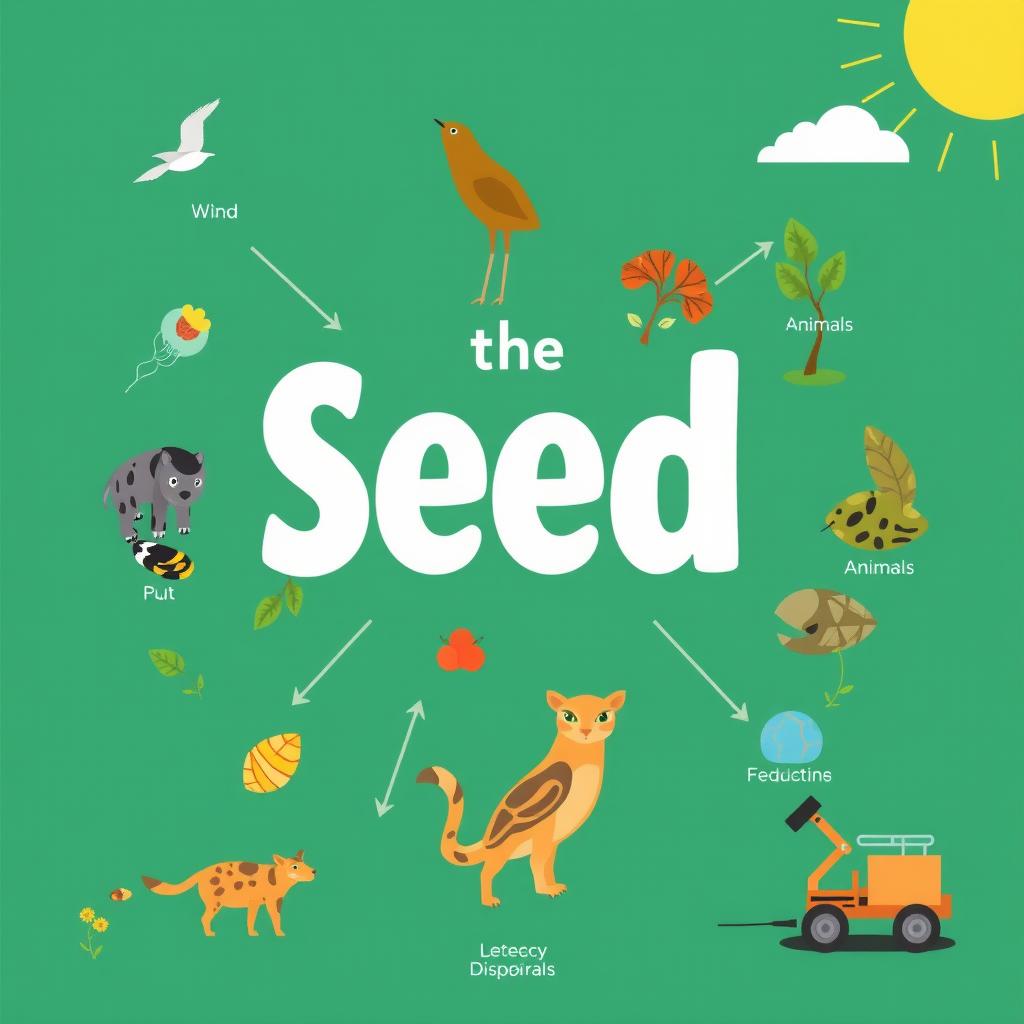 Create an educational and artistic image illustrating the concept of seed dispersal