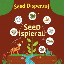 Create an educational and artistic image illustrating the concept of seed dispersal