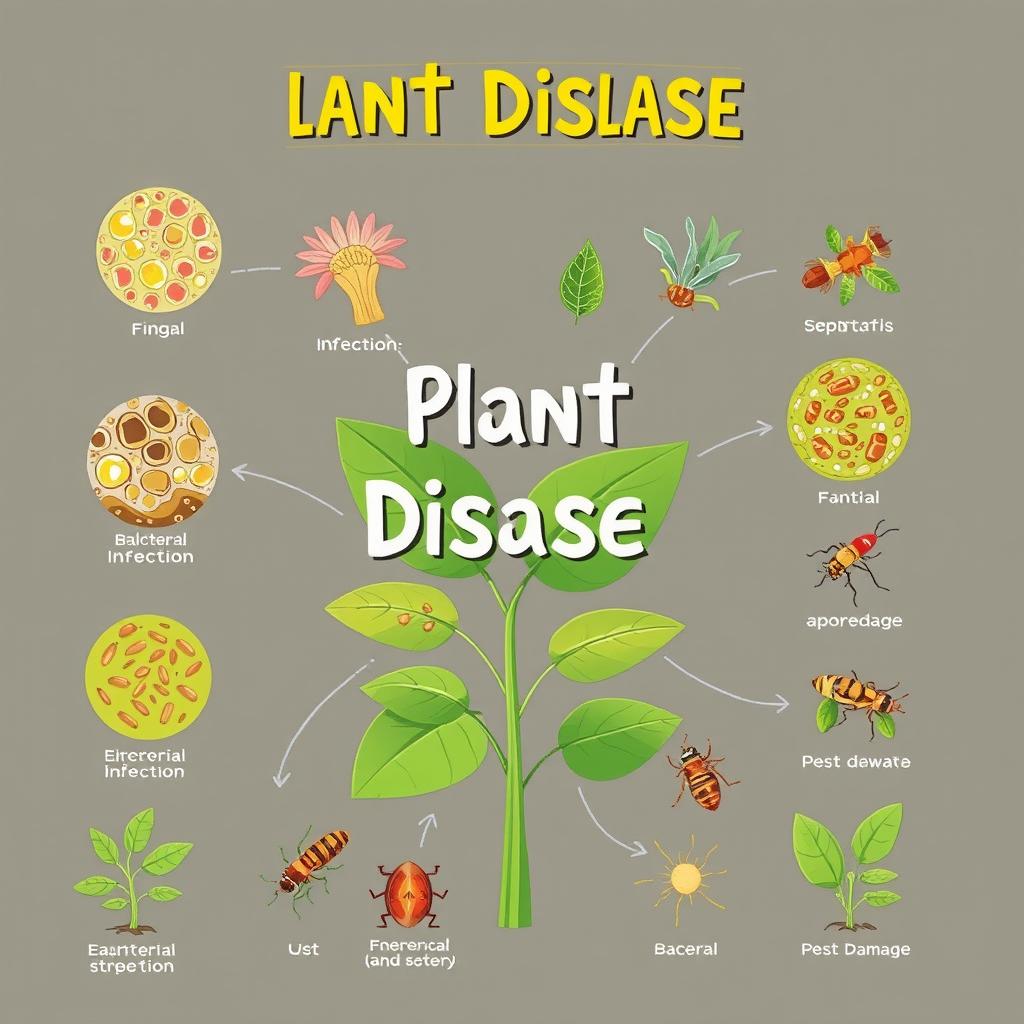 Create an educational and artistic image illustrating the concept of plant disease