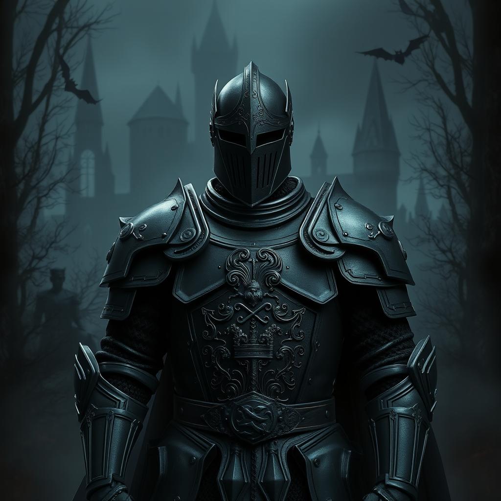 A Barovian Knight from Zarovich's household wearing a blackened full plate armor with a helmet on