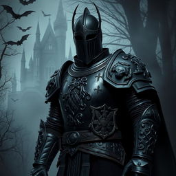 A Barovian Knight from Zarovich's household wearing a blackened full plate armor with a helmet on