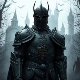 A Barovian Knight from Zarovich's household wearing a blackened full plate armor with a helmet on