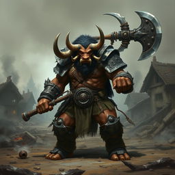 A fearsome minotaur barbarian named Vorgath the Destroyer stands in a ruined village