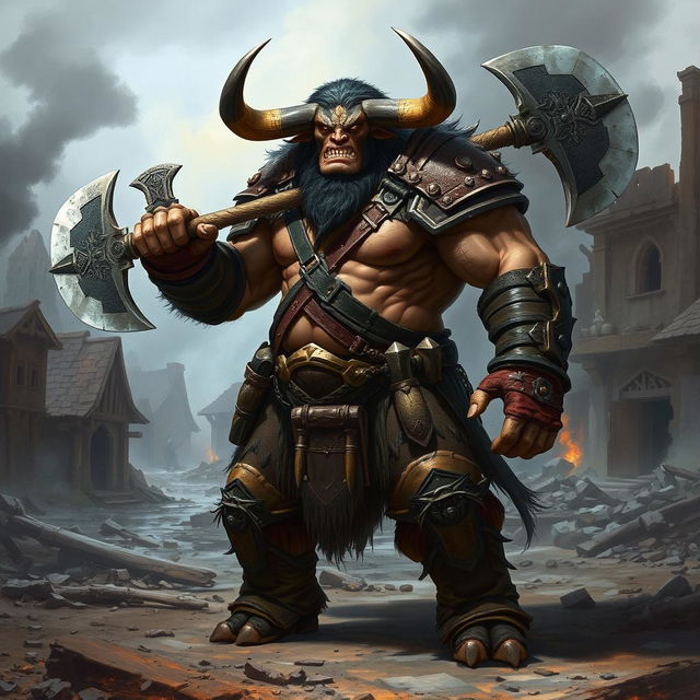 A fearsome minotaur barbarian named Vorgath the Destroyer stands in a ruined village