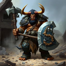 A fearsome minotaur barbarian named Vorgath the Destroyer stands in a ruined village