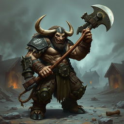 A fearsome minotaur barbarian named Vorgath the Destroyer stands in a ruined village