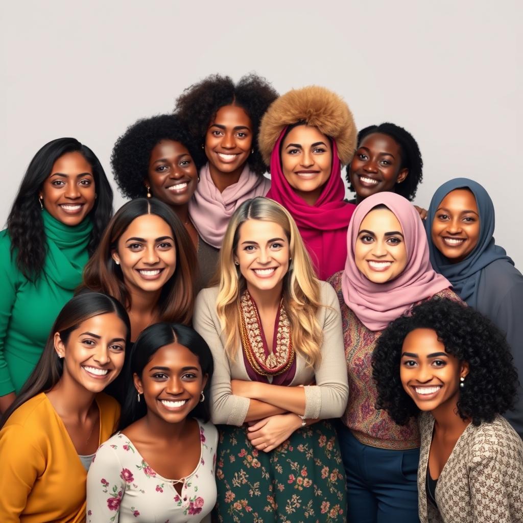 A diverse group of women from different backgrounds and cultures, standing together and smiling