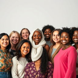 A diverse group of women from different backgrounds and cultures, standing together and smiling