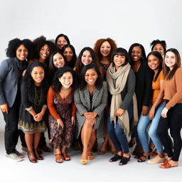 A diverse group of women from different backgrounds and cultures, standing together and smiling