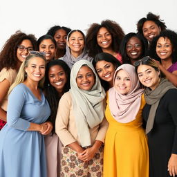 A diverse group of women from different backgrounds and cultures, standing together and smiling