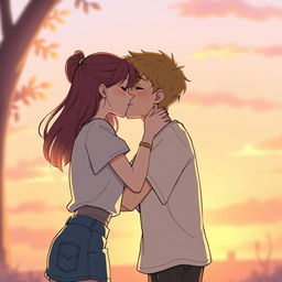 A teenage girl and teenage boy sharing a gentle kiss