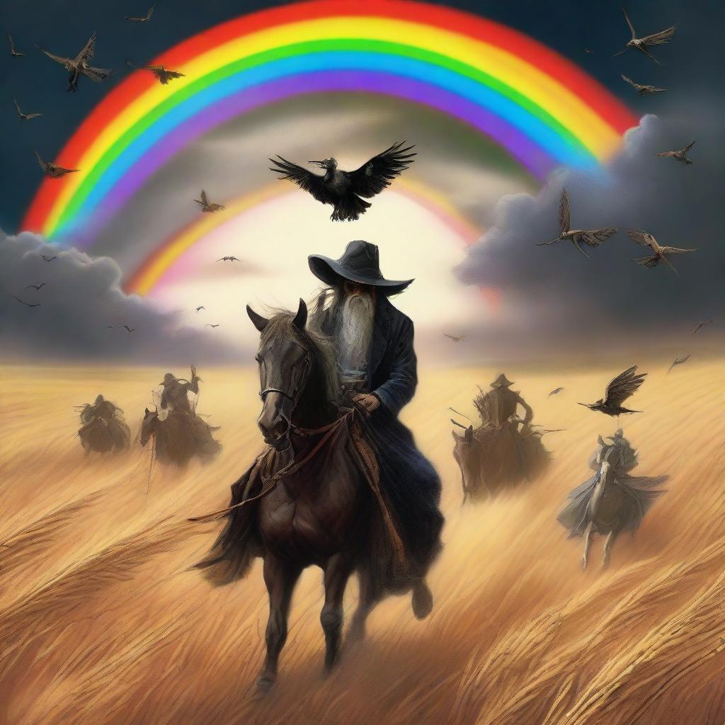 A surreal scene featuring grasshopper demons riding through fields of barley into a storm with a rainbow overhead